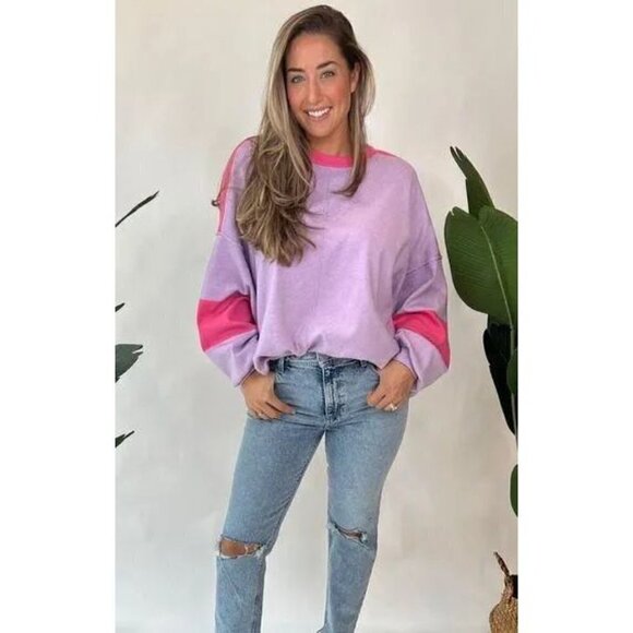 FREE PEOPLE Uptown Colorblock Pullover in Purple Size Small - Picture 1 of 10